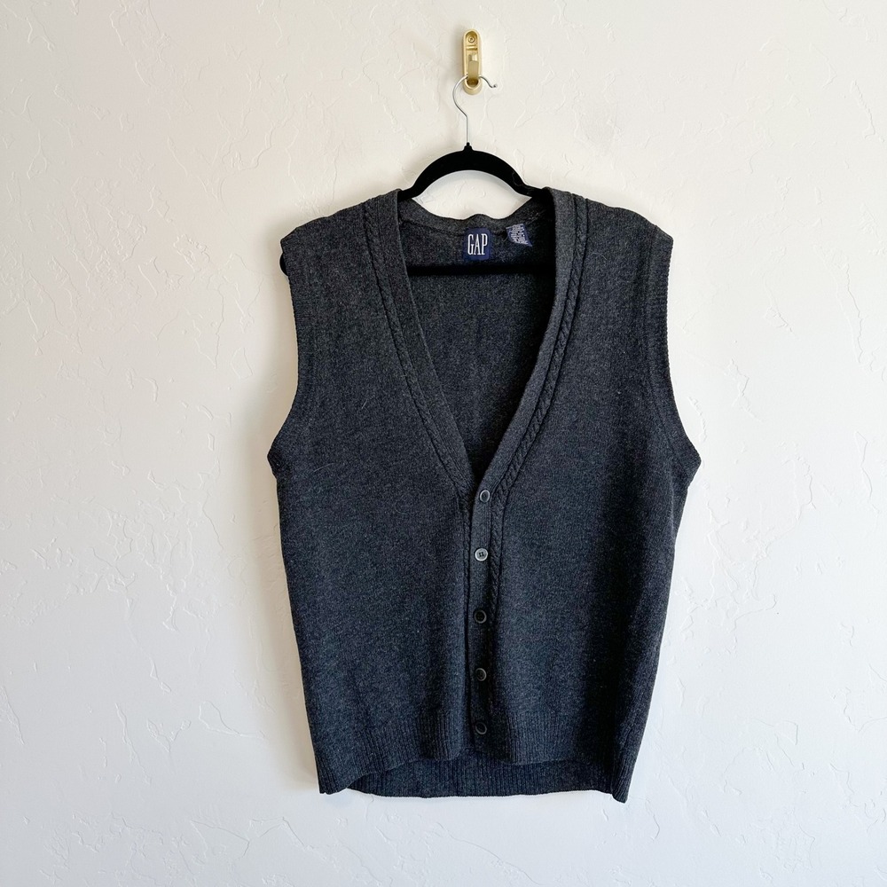 Vintage GAP | 100% Lambswool 90s Vintage Button Front Sweater Vest Charcoal Gray